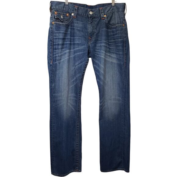 True Religion Men's Size 38 Flap Straight Jeans Medium Wash Blue - Picture 1 of 14